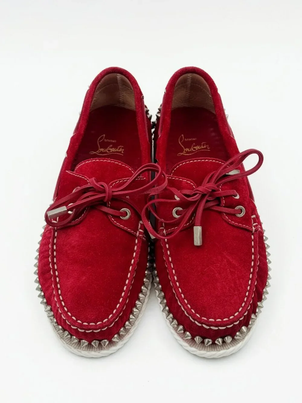 Christian Louboutin red suede loafers with silver studs